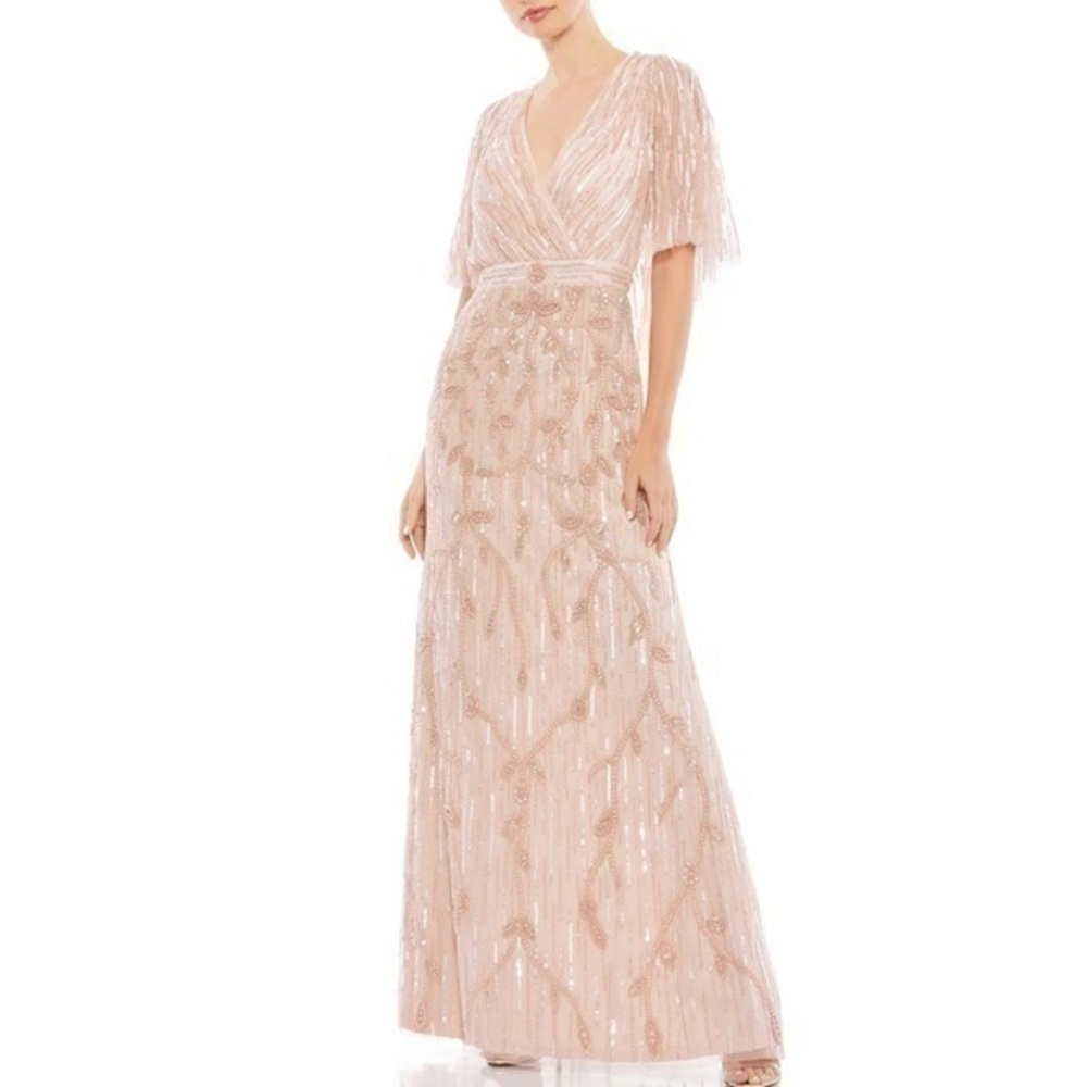 MAC DUGGAL Blush Embellished Cap Sleeve Faux Wrap Trumpet Gown